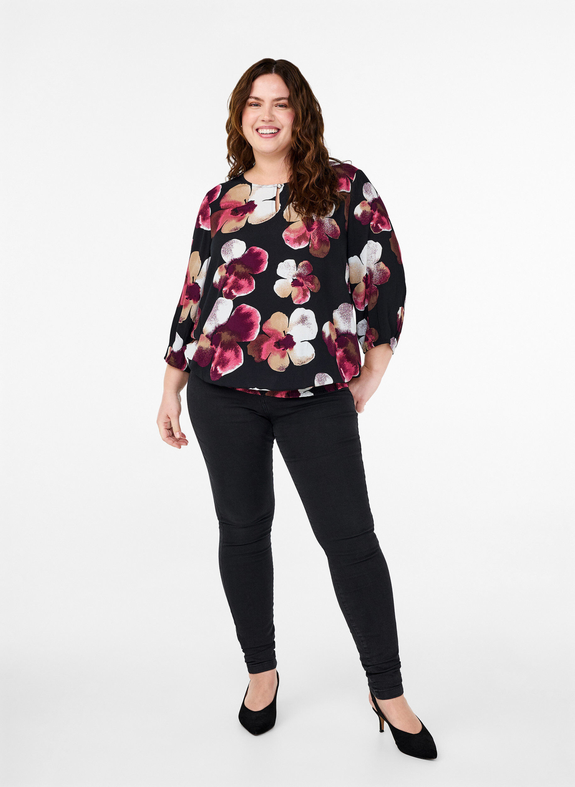 Zizzi Viskosebluse mit Print und Kittel, Schwarz, Model image number 1