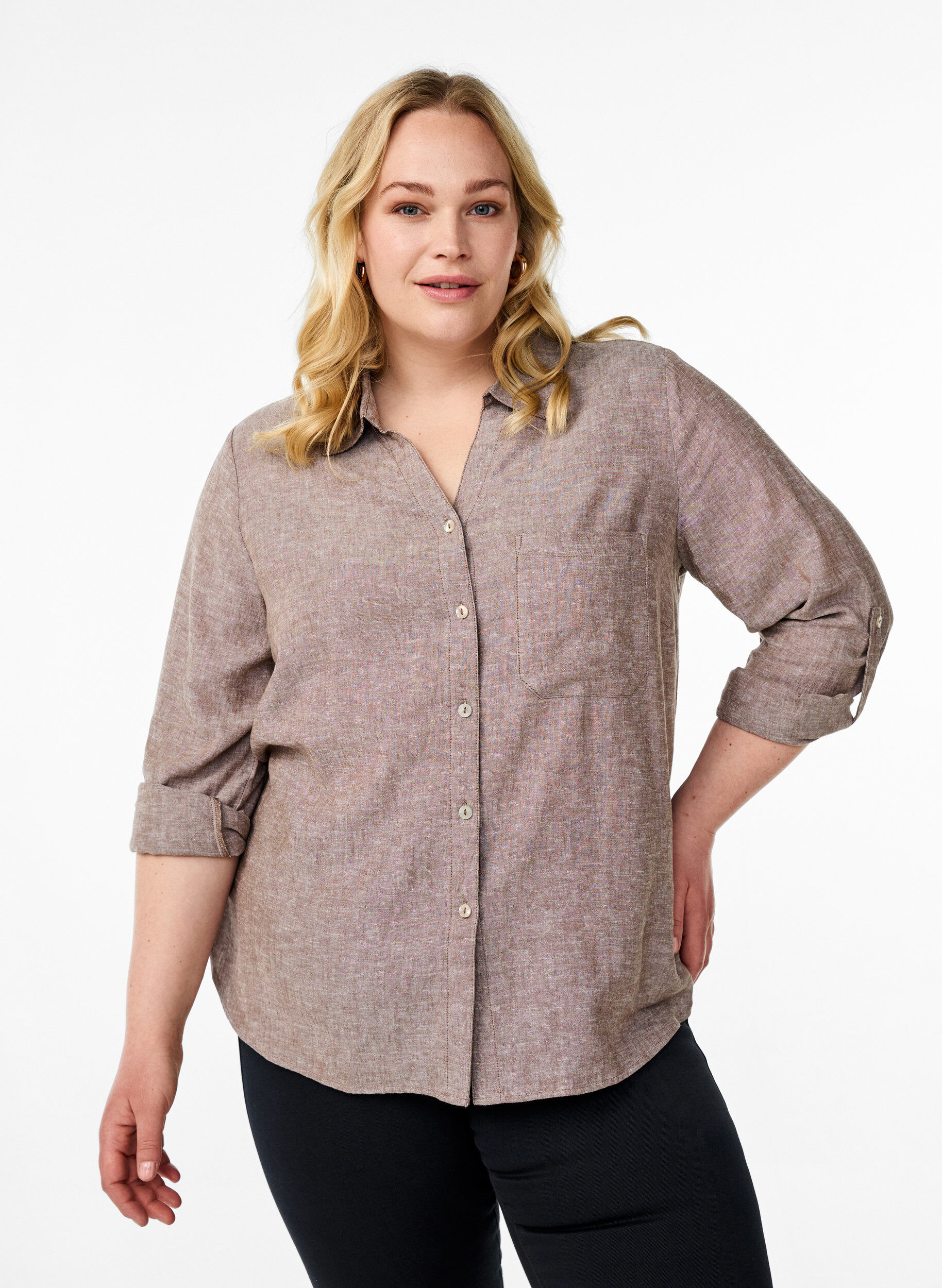 ZizziBluse aus Leinen und Viskose mit 3/4-&Auml;rmeln, Braun, Model image number 0
