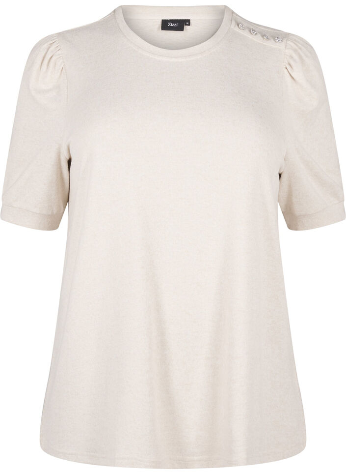 Bluse mit Knopfdetail und kurzen Puff&auml;rmeln, Beige, Packshot image number 0