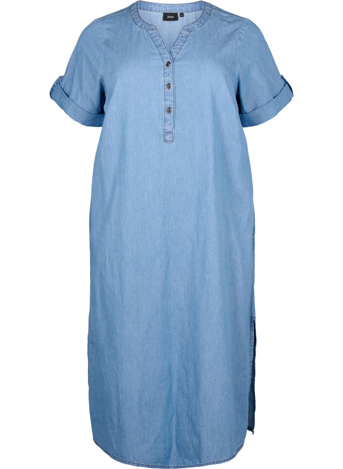 Jeanskleid mit Schlitz und kurzen Ärmeln, Blue denim, Packshot image number 0