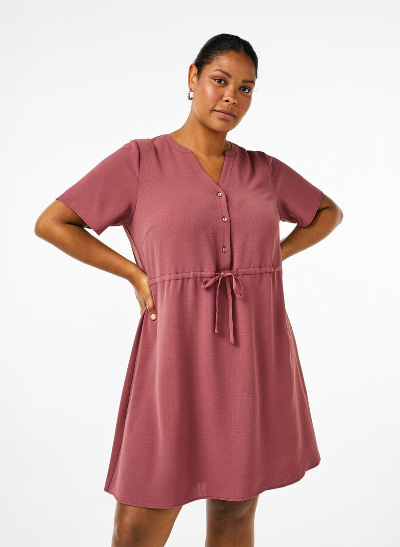 Kurzärmliges Kleid mit Bindeband an der Taille, Rose Brown, Model image number 0