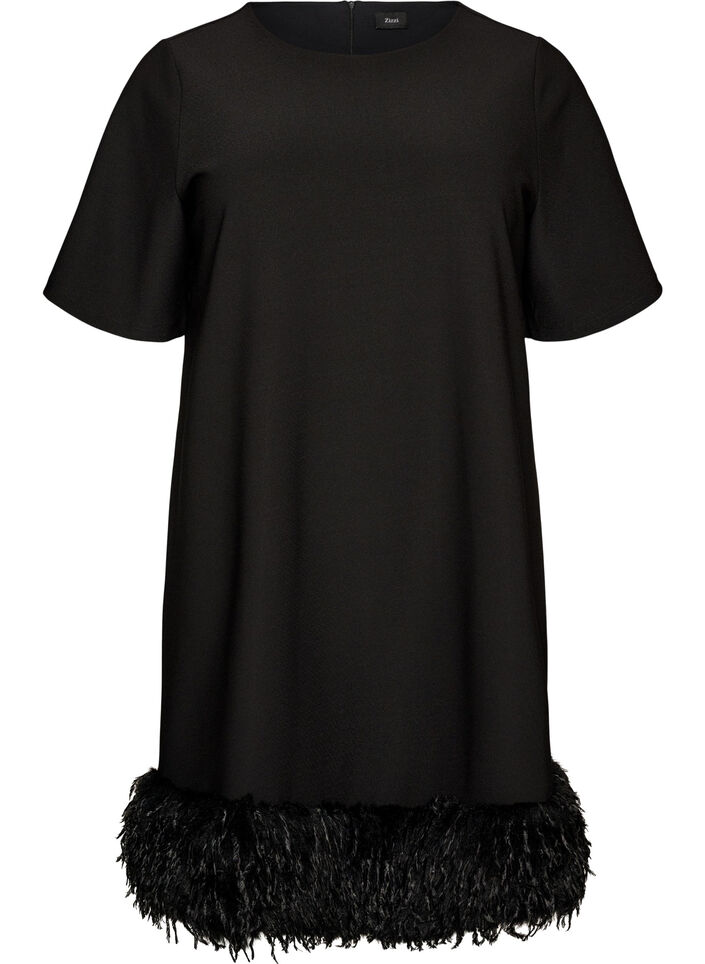 Kurzes Jerseykleid mit Federbesatz, Schwarz, Packshot image number 0