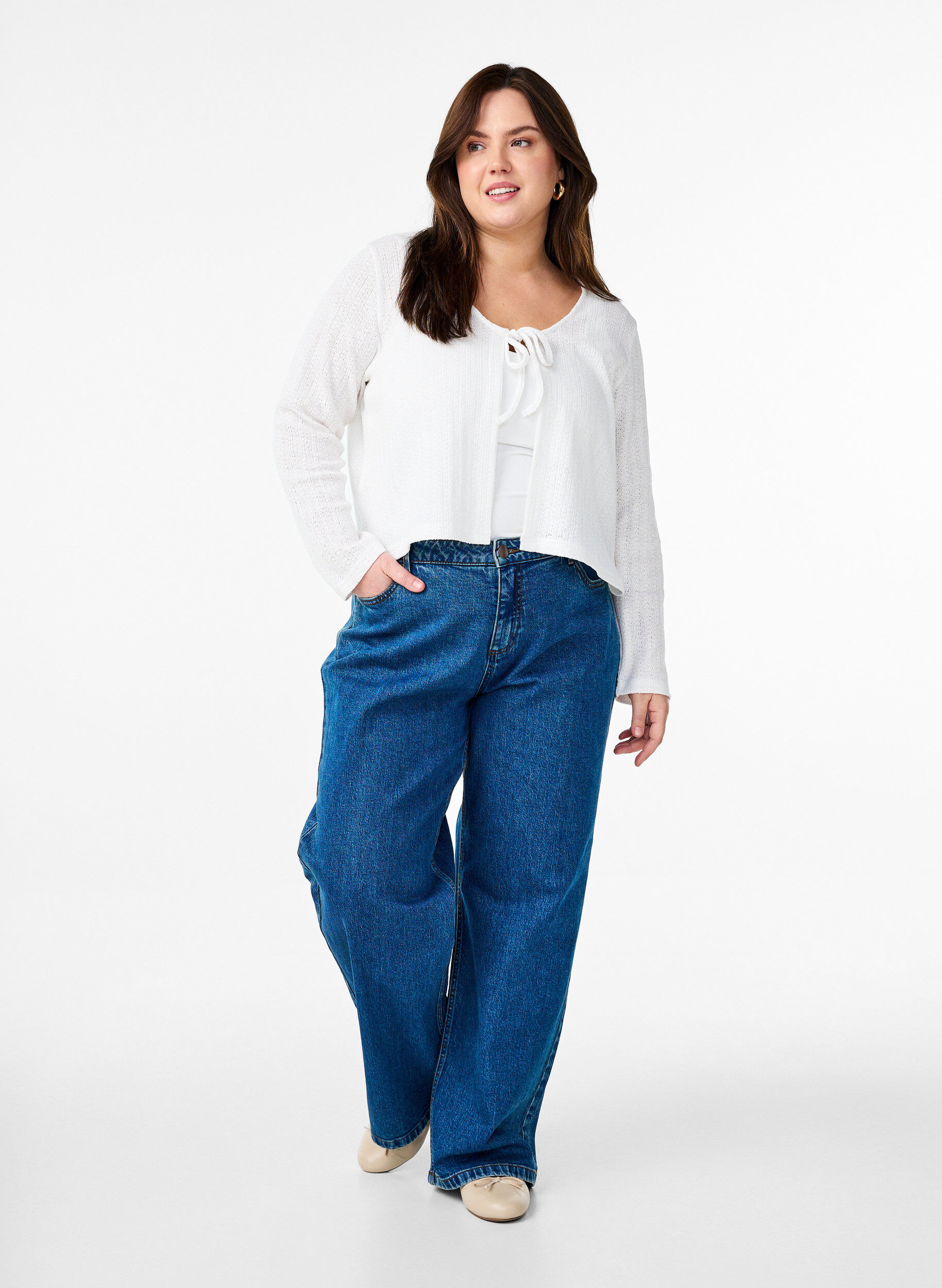 ZizziStrickjacke aus Jersey mit Struktur und Bindedetail vorne, Wei&szlig;, Model image number 1