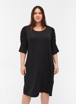 Einfarbiges Kleid aus Viskose mit 2/4-Ärmeln, Black, Model image number 0