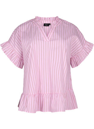 Gestreifte Bluse mit Schößchen- und Rüschendetails, Pink Red Stripe, Packshot image number 0