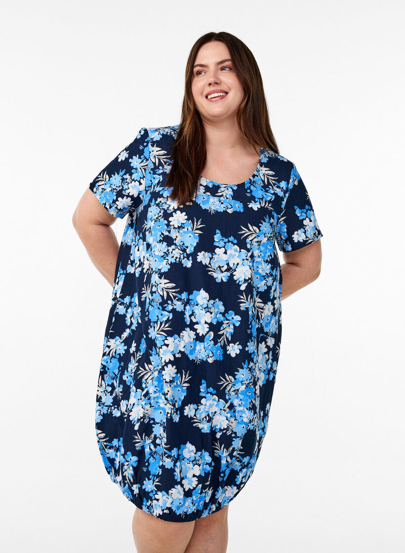 Kurz&auml;rmliges Baumwollkleid mit Aufdruck, Blau, Model image number 0