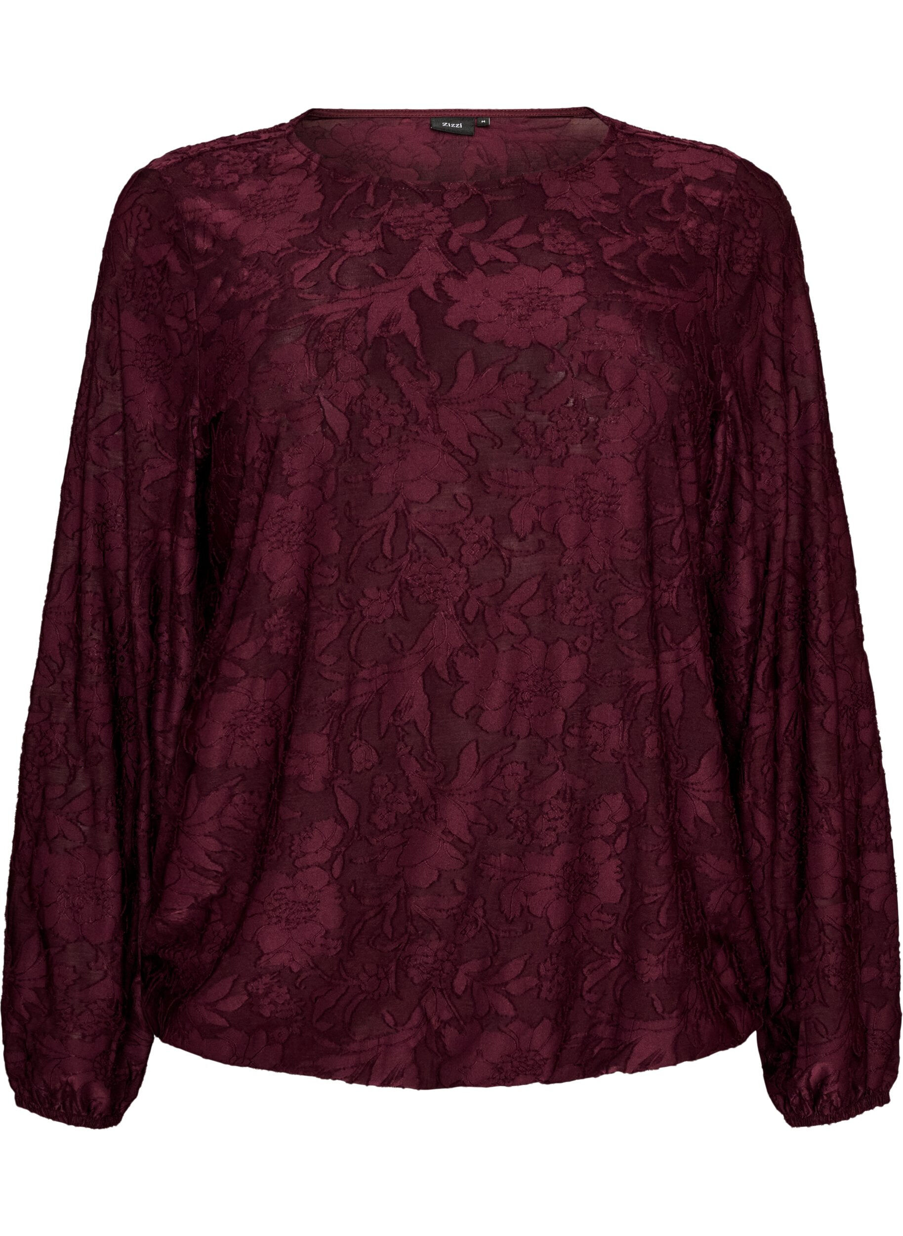 ZizziTransparente Bluse mit floraler Struktur und langen &Auml;rmeln, Rot, Packshot image number 0