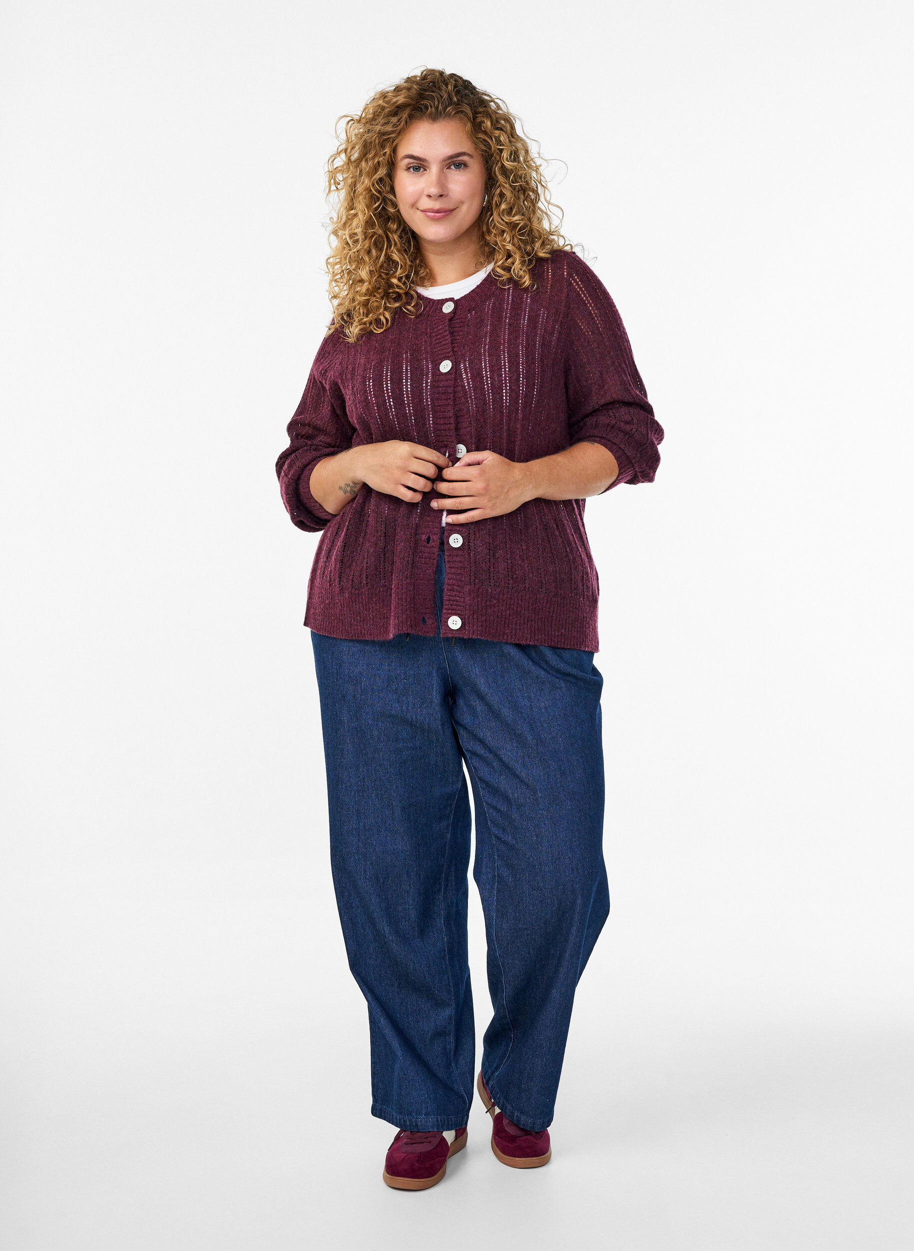 ZizziGestrickter Cardigan mit Lochmuster, Dunkles Bordeaux, Model image number 1