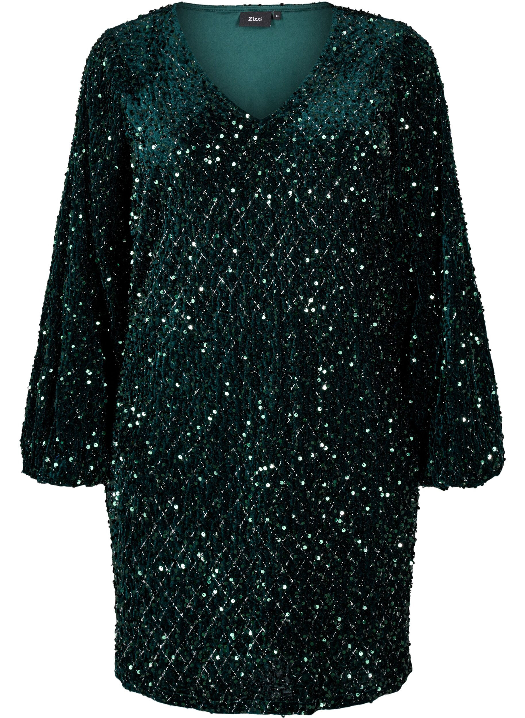 ZizziPaillettenkleid mit V-Ausschnitt und Karomuster, Rain Forest Sequins, Packshot image number 0