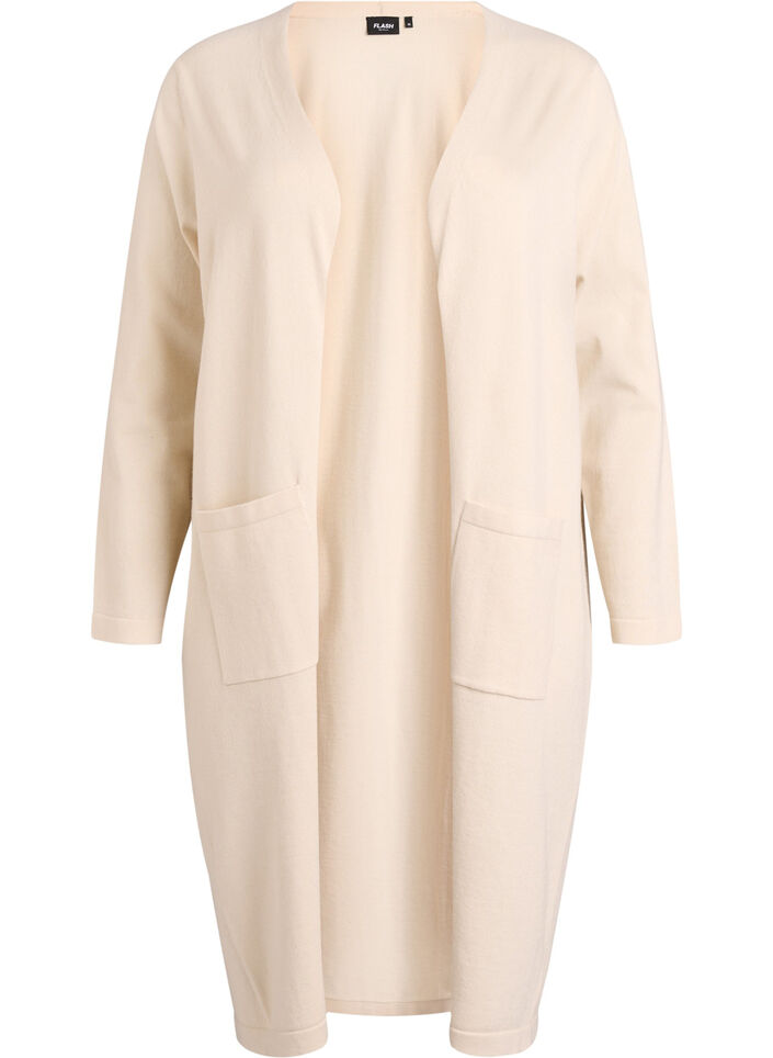 Lange, offene Strickjacke mit Taschen, Beige, Packshot image number 0