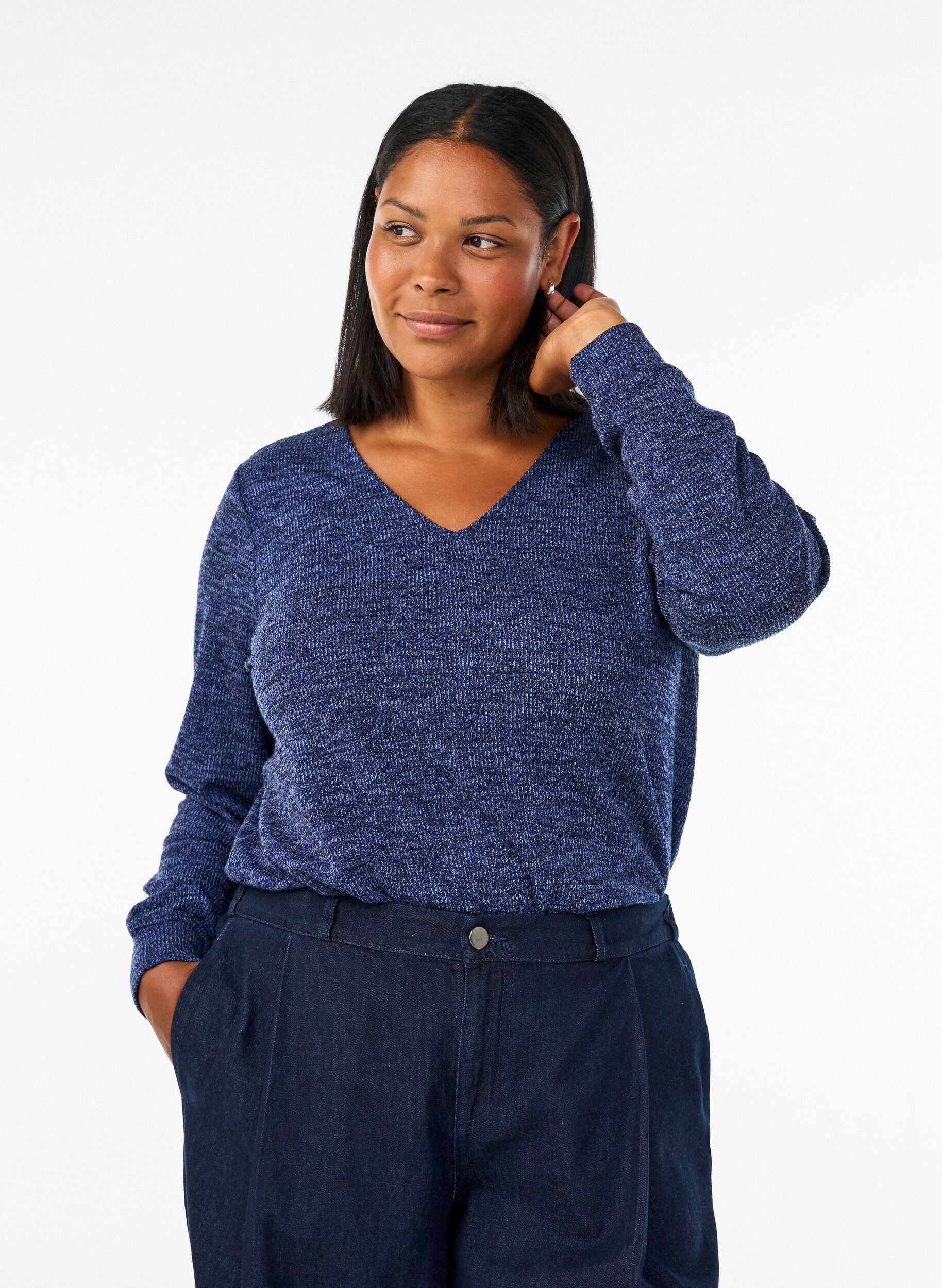ZizziBluse aus Jersey mit V-Ausschnitt und langen &Auml;rmeln, Blau, Model image number 0