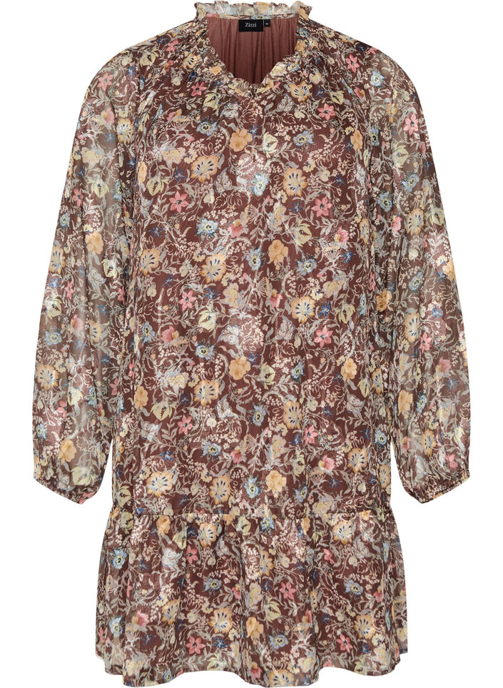Kleid aus Chiffon mit gebl&uuml;mtem Print und R&uuml;schenlagen, Braun, Packshot image number 0