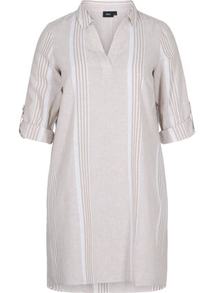 Gestreiftes Kleid aus Baumwolle und Leinen, White Taupe Stripe, Packshot image number 0