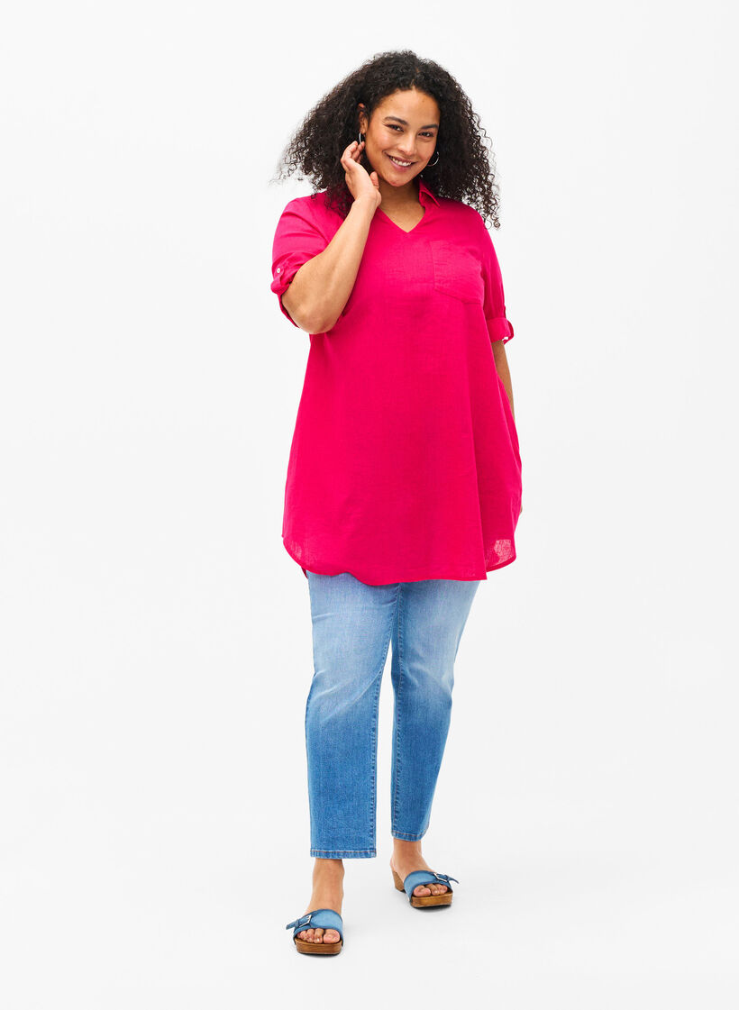 Tunika mit kurzen Ärmeln aus Baumwollgemisch mit Leinen, Bright Rose, Model image number 2
