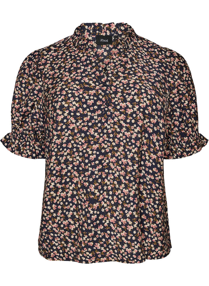 Gebl&uuml;mte Bluse aus Viskose mit kurzen &Auml;rmeln und Smockdetails, Blau, Packshot image number 0