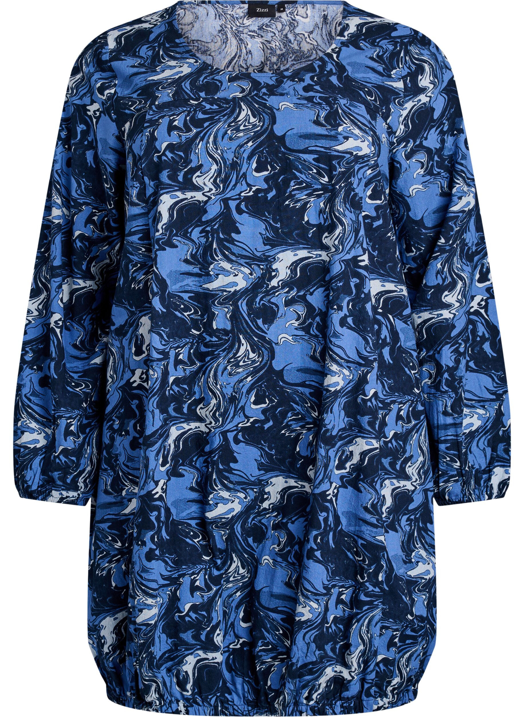 Kurzes Baumwollkleid mit Gummisaum und langen &Auml;rmeln