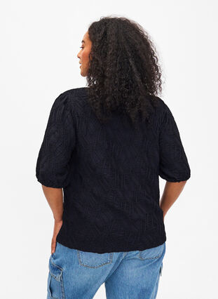 Strukturierte Bluse mit kurzen Ärmeln, Black, Model image number 1