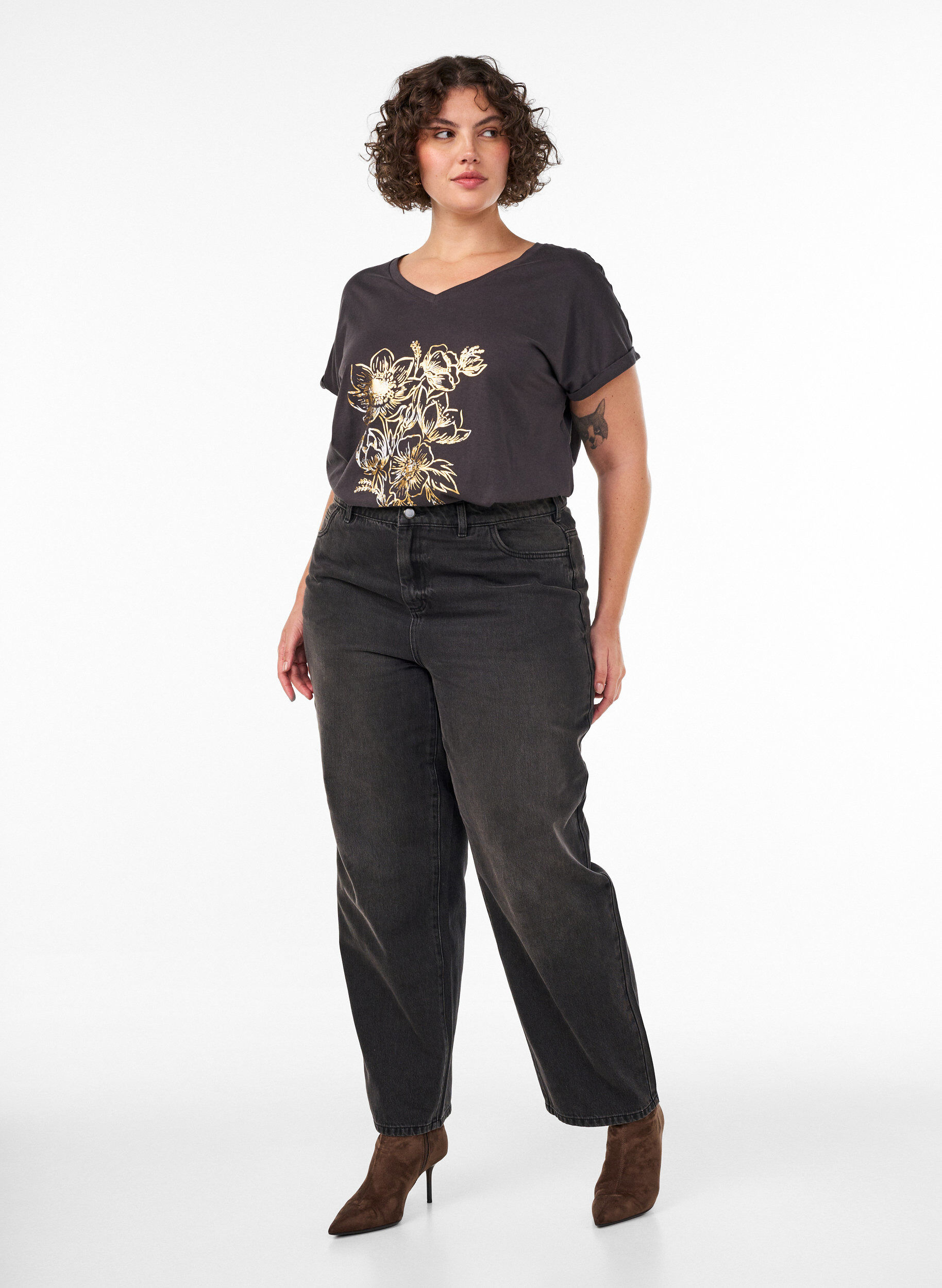 ZizziT-Shirt aus Baumwolle mit Goldfoliendruck, Grau, Model image number 1