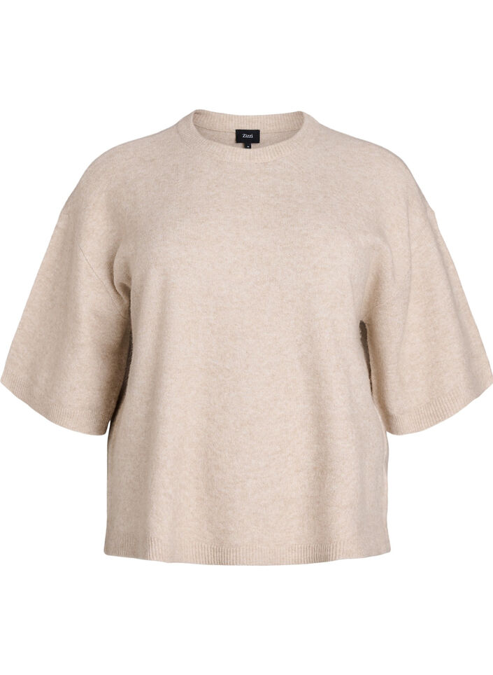 Locker sitzende Strickshirt mit kurzen &Auml;rmeln, Beige, Packshot image number 0