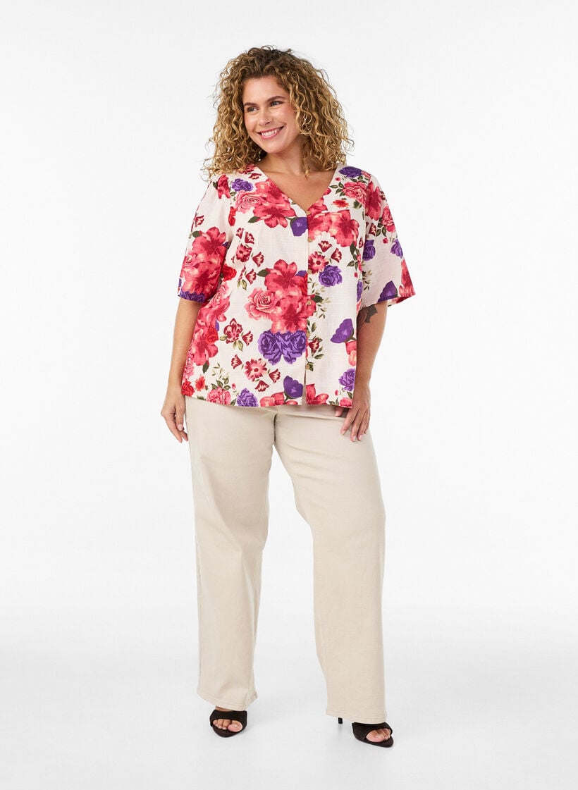 Kurz&auml;rmelige Bluse aus Baumwolle mit V-Ausschnitt, Rot, Model image number 1