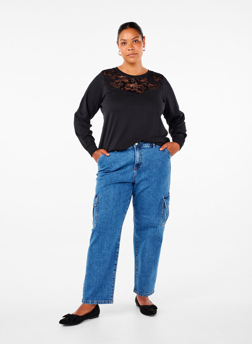 Sweatshirt mit Spitzendetails, Black, Model image number 2