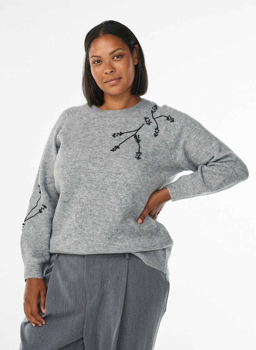 Pullover mit Perlenstickerei, Grau, Model image number 0