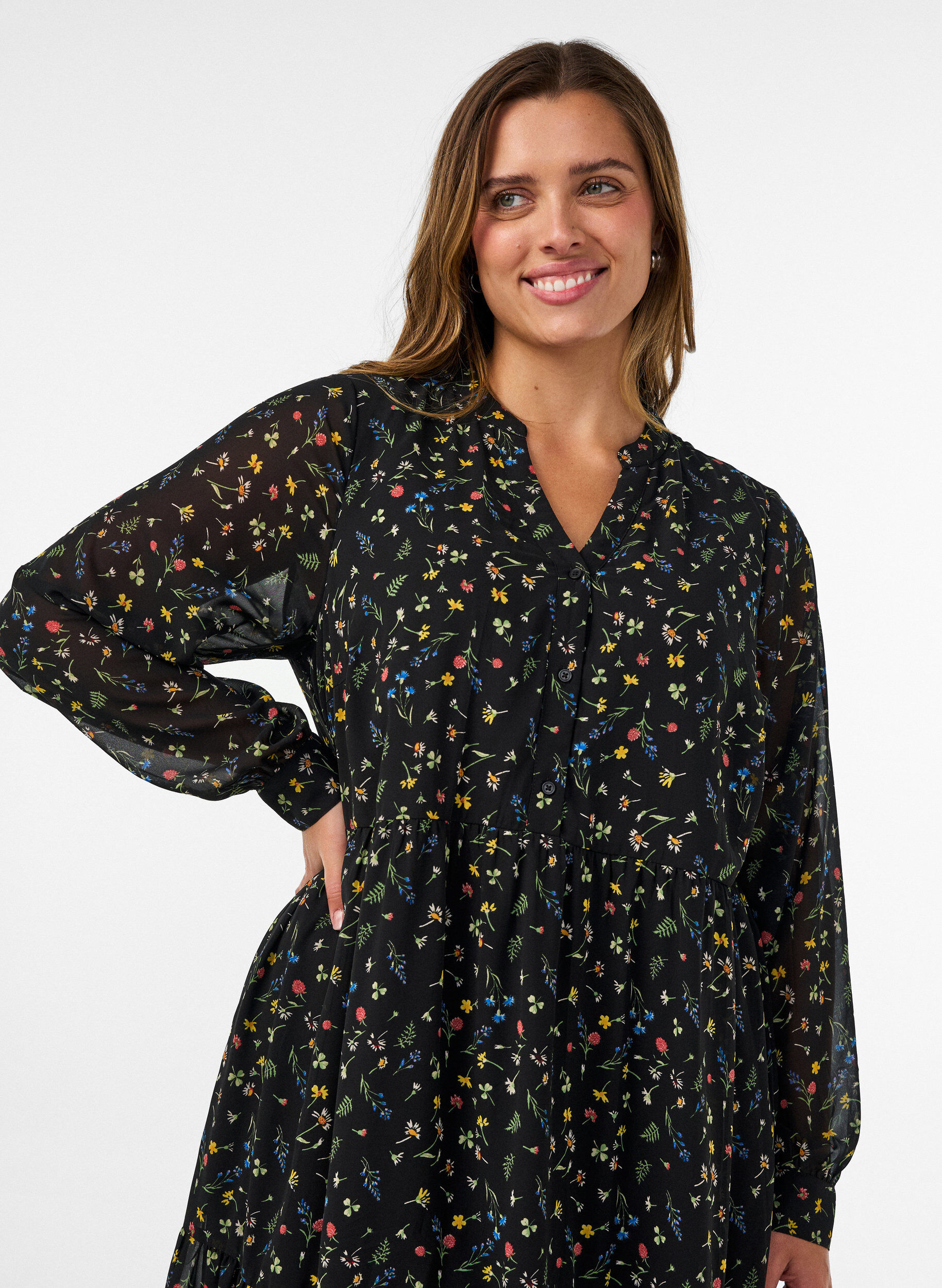 ZizziKleid mit Allover-Muster und einer Volantlage, Schwarz, Model image number 2