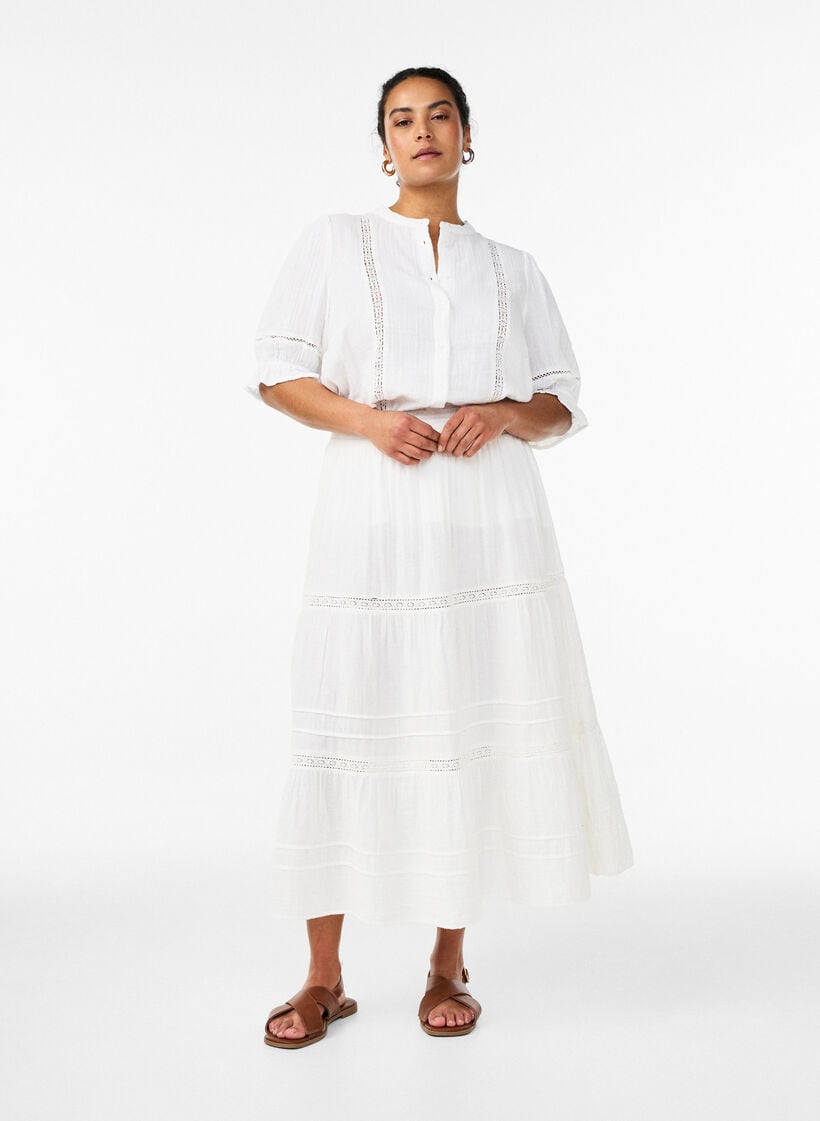 Midirock in A-Linie aus Baumwoll-Musselin mit H&auml;kelborte, Wei&szlig;, Model image number 0