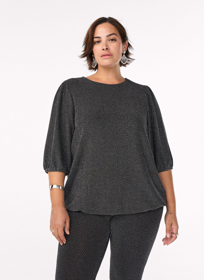 Bluse mit Glitzermuster und 3/4-Ärmeln, Schwarz, Model image number 0