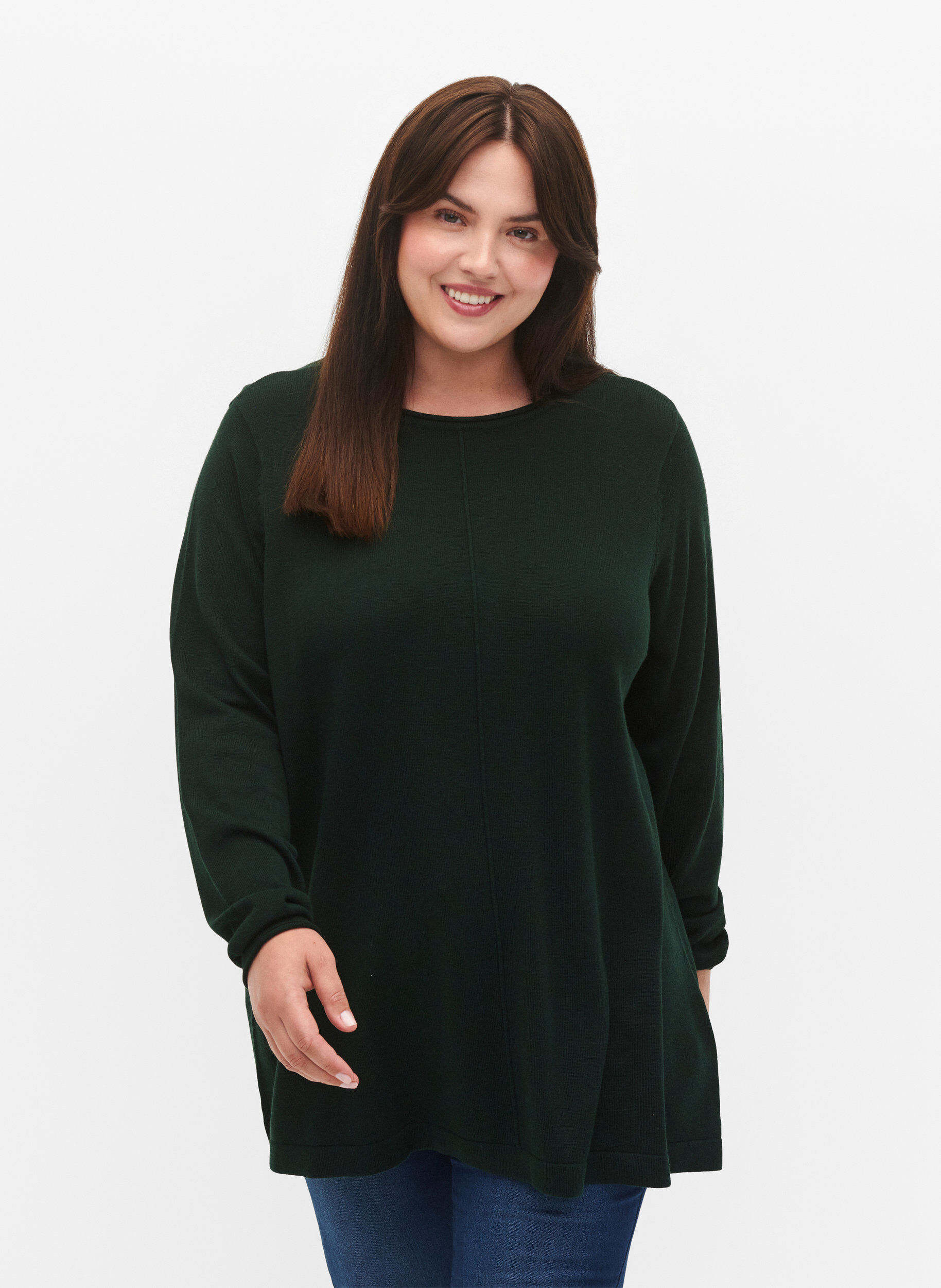 Gestrickte Bluse aus Baumwoll-Viskose-Mischung, Gr&uuml;n, Model