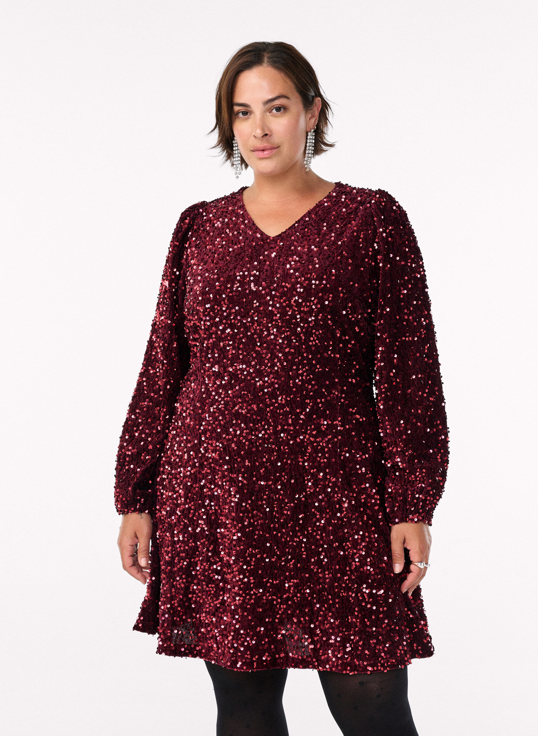 Kurzes A-Linien-Pailletten-Kleid, Rot, Model