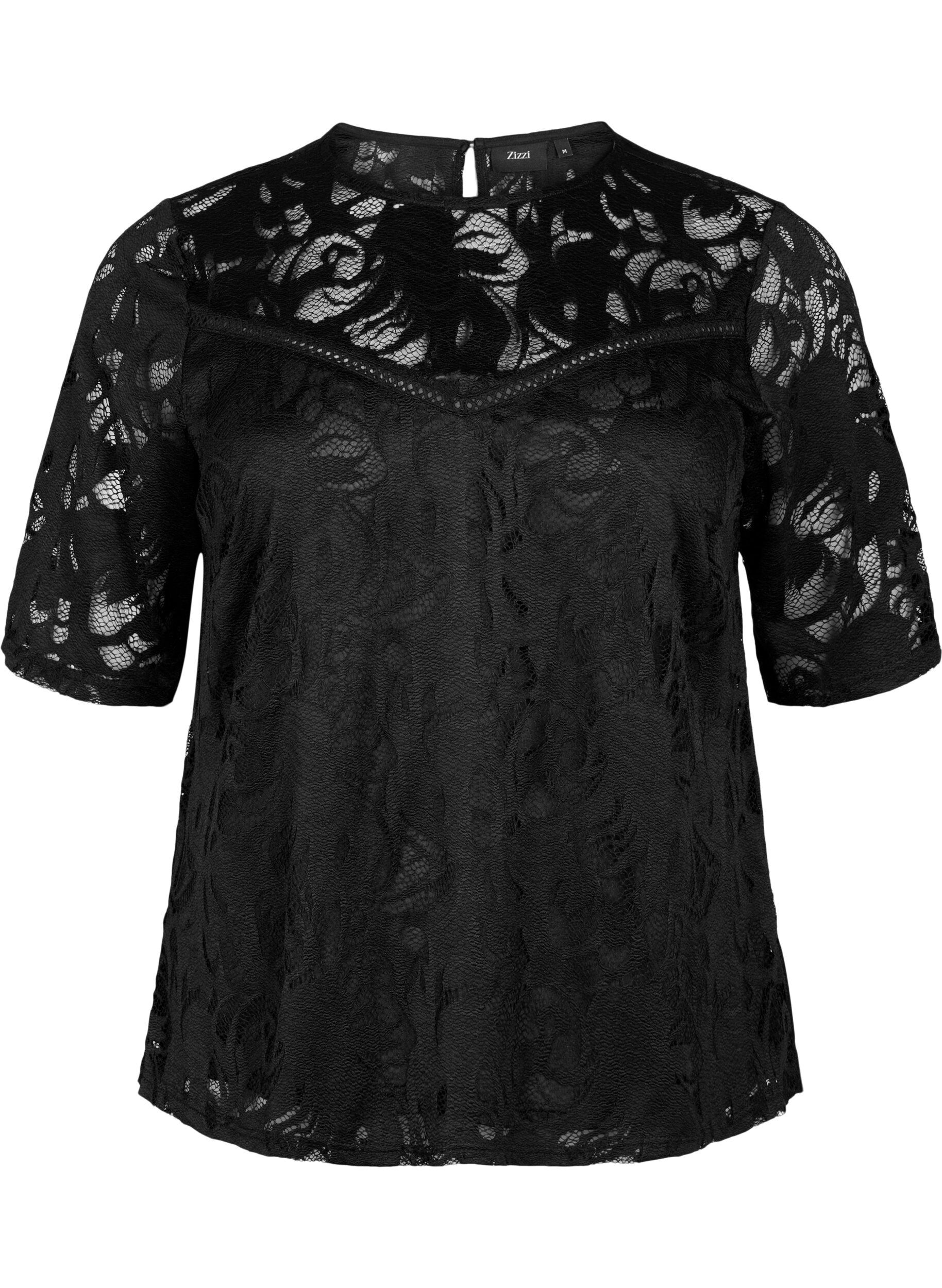 ZizziBluse mit Spitze und kurzen &Auml;rmeln, Black, Packshot image number 0