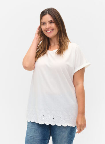 Kurzarm T-Shirt mit Lochstickerei, Off White Mel, Model image number 0