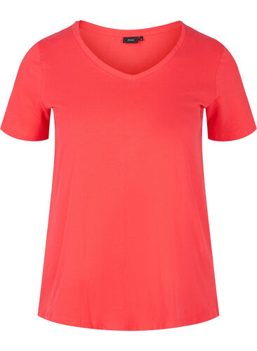 Einfarbiges basic T-Shirt aus Baumwolle, Hibiscus, Packshot image number 0