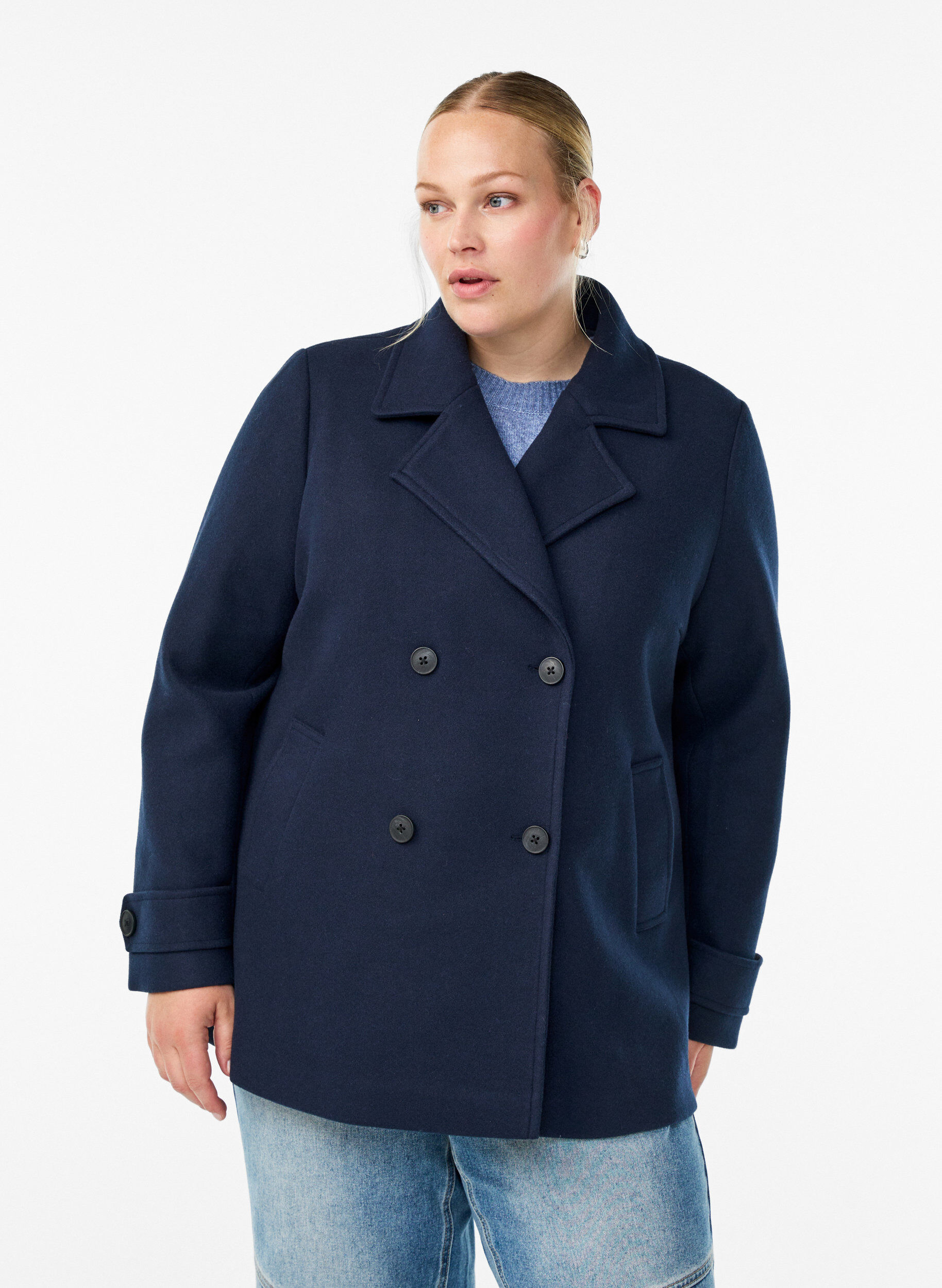 Kurzmantel mit zweireihiger Knopfleiste, Blau, Model