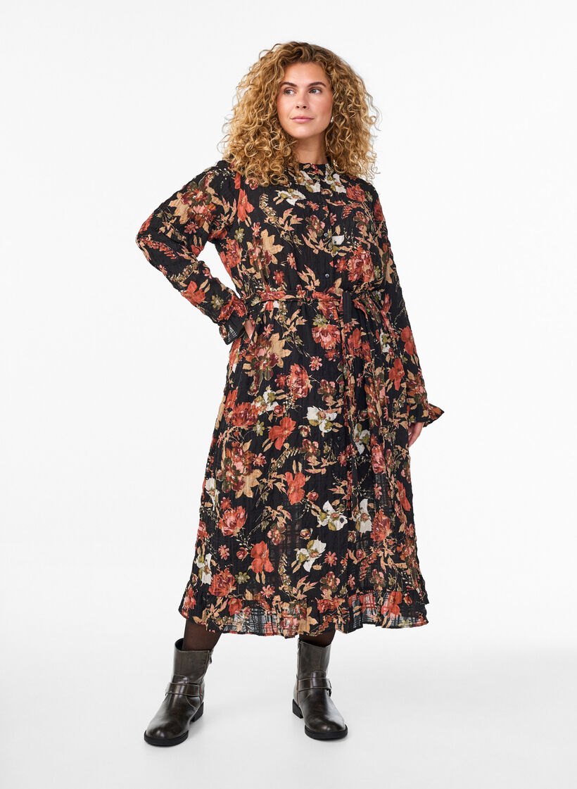 Midikleid mit gebl&uuml;mtem Print und abnehmbarem Bindeg&uuml;rtel, Schwarz, Model image number 0