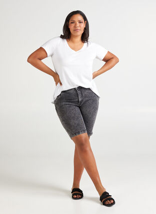 Denim Shorts mit hoher Taille, Grey Denim, Model image number 2