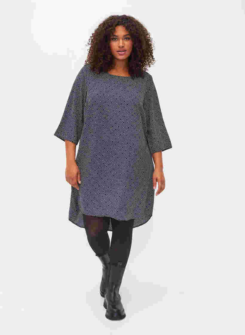Kleid mit Print und 3/4 Armen, Blue Graphic, Model image number 2