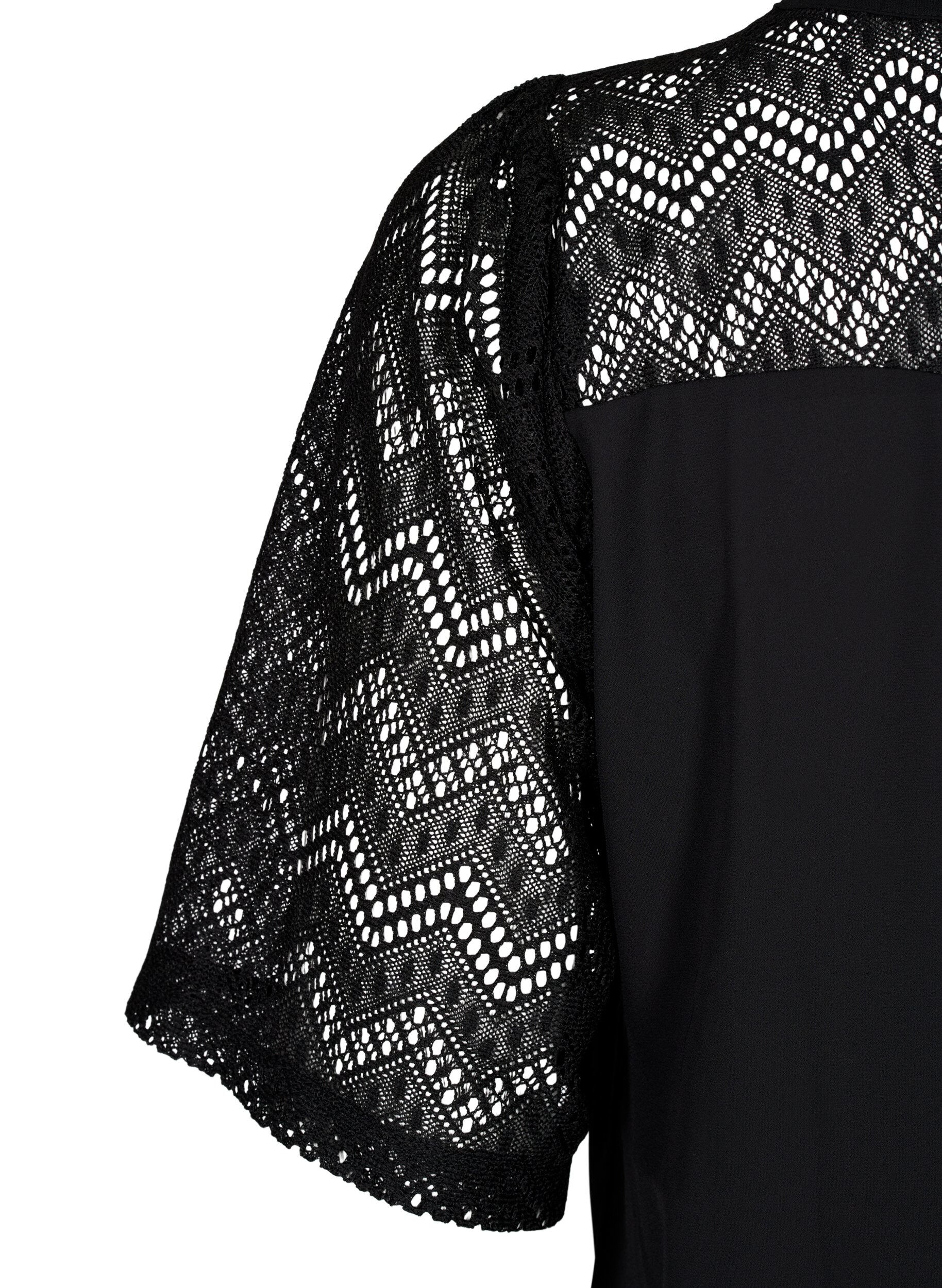Zizzi Hemdbluse mit kurzen Spitzen&auml;rmeln, Black, Packshot image number 3
