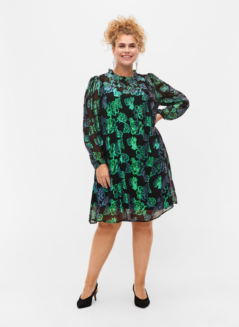 Gebl&uuml;mtes Viskosekleid mit Lurexstruktur, Black w. Green Lurex, Model image number 2