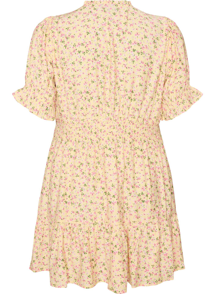 Kurzes Kleid aus Viskose mit R&uuml;schendetails, Gelb, Packshot image number 1