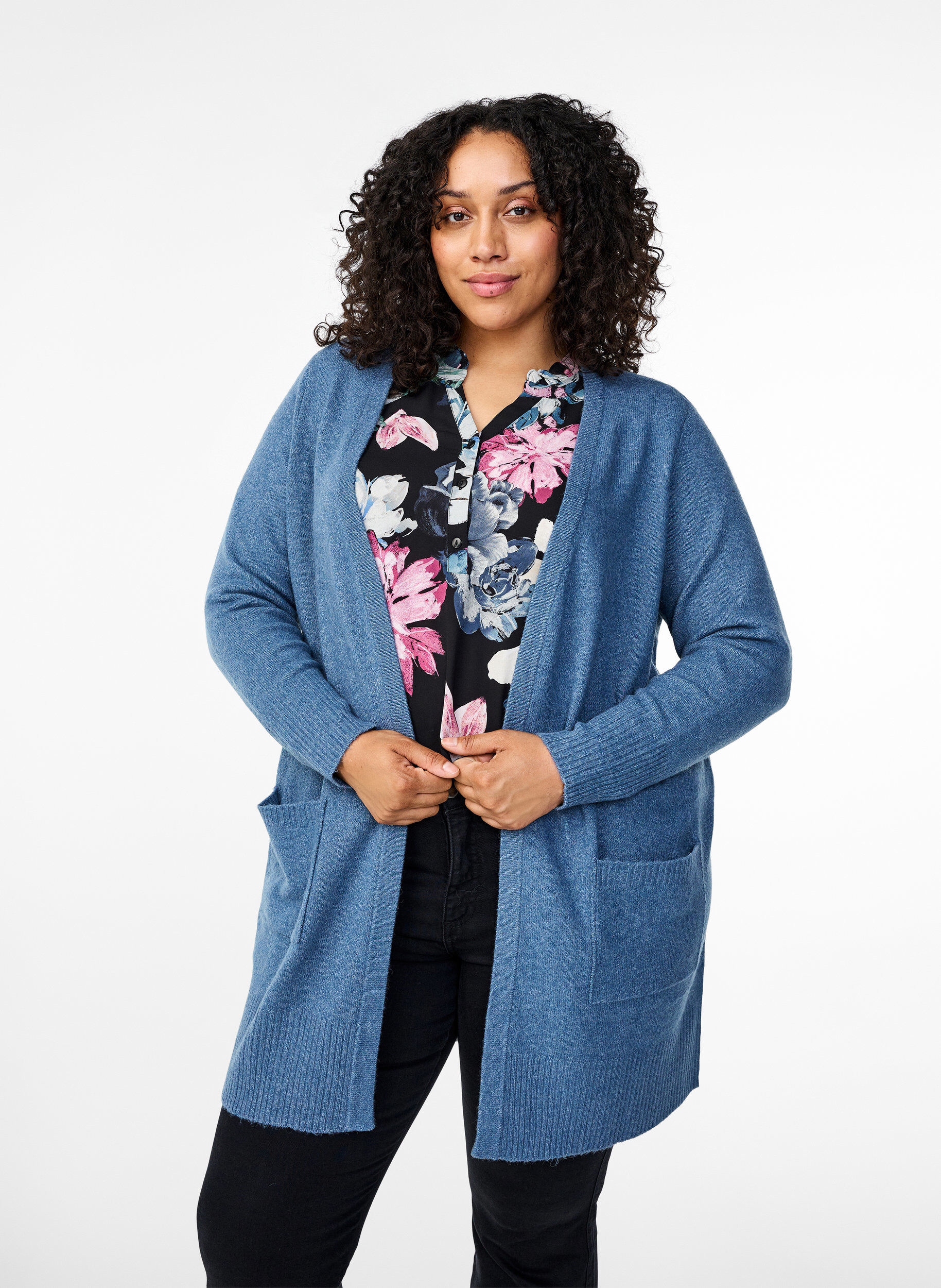 ZizziStrickjacke mit Rippenstrick und Taschen, Blau, Model image number 0