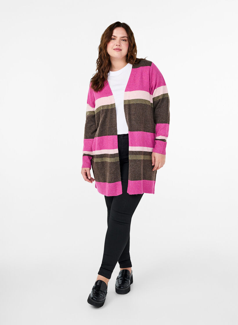 Lange Strickjacke mit breiten Streifen, Pink, Model image number 1
