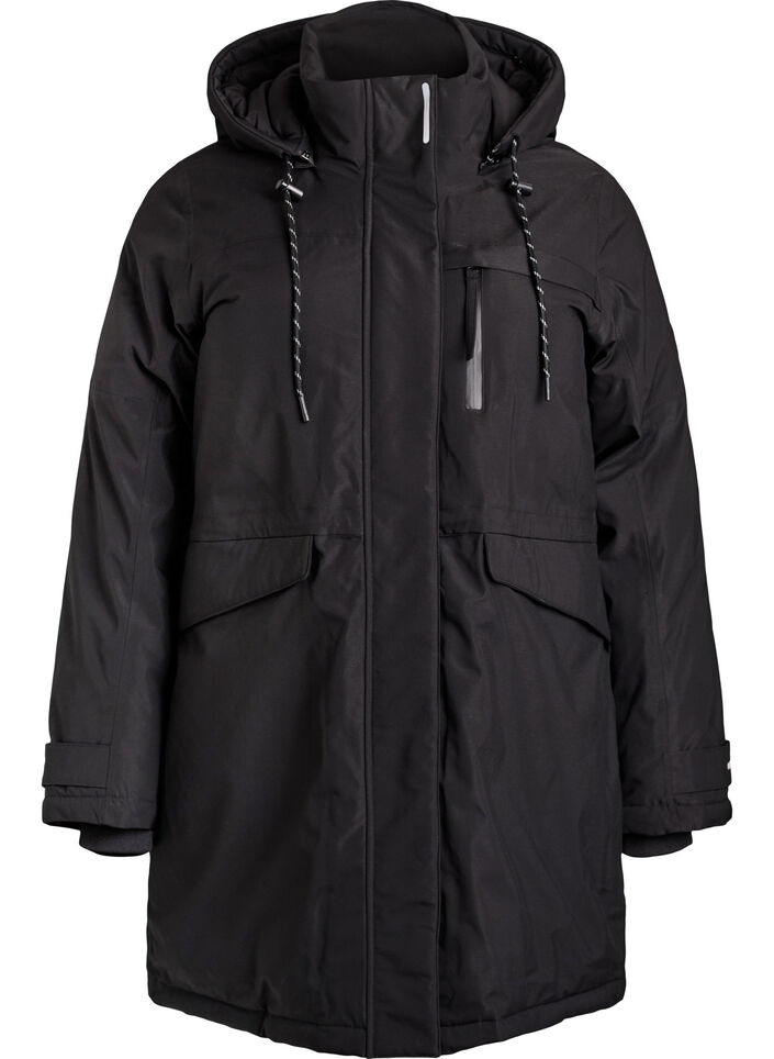 Wasserabweisender Parka mit Kapuze und funktionellen Details, Schwarz, Packshot image number 0