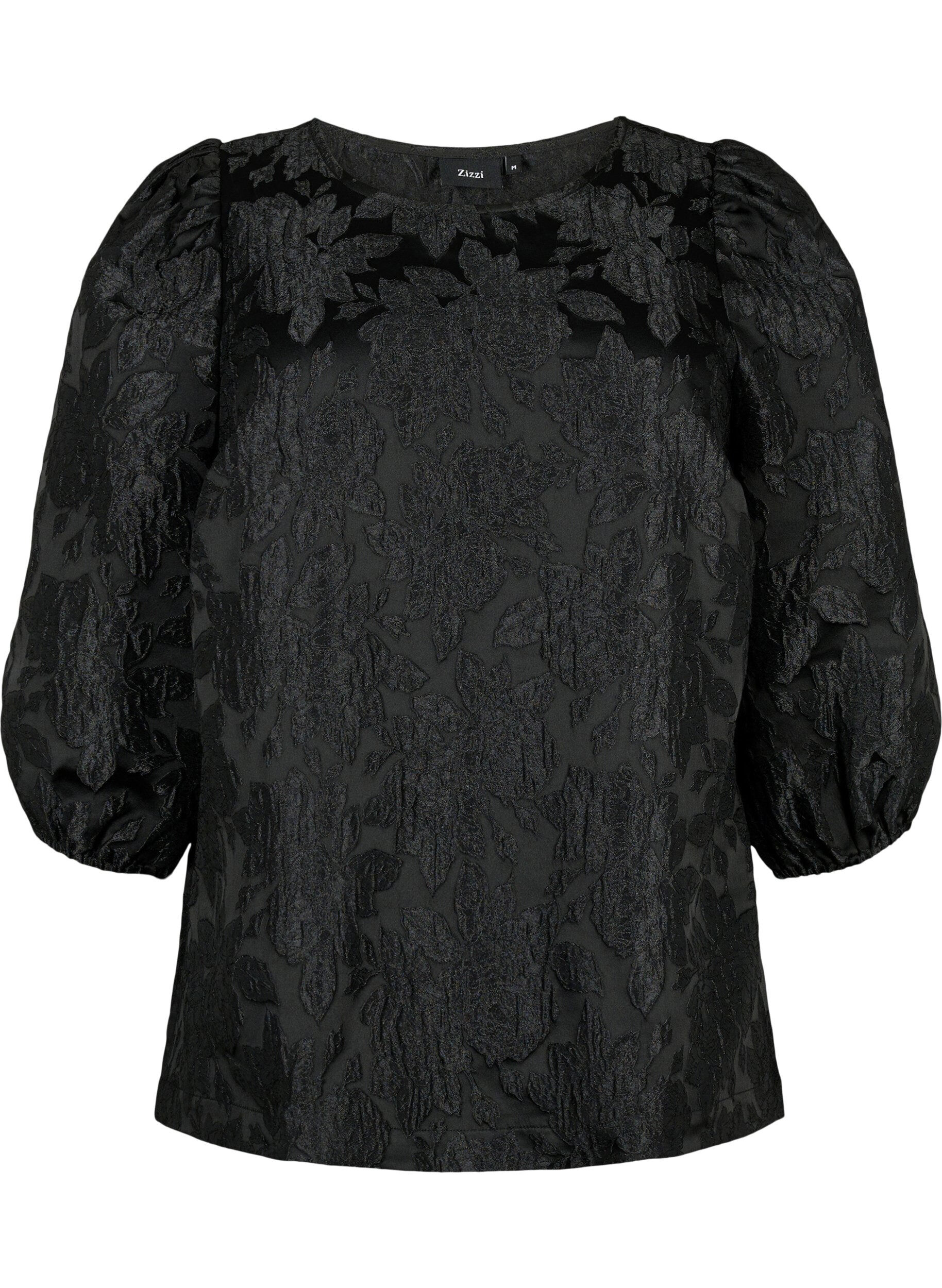 Zizzi Jacquard-Bluse mit 3/4-&Auml;rmeln, Black, Packshot image number 0