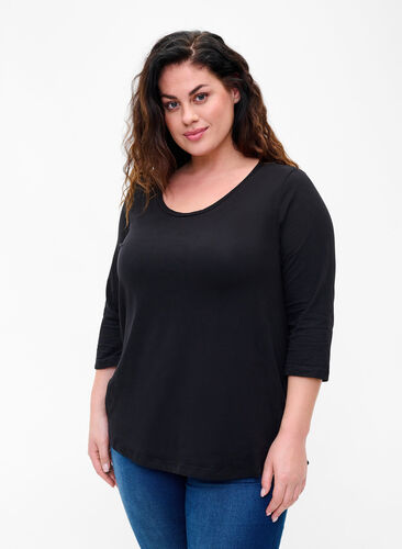 Basic T-Shirt aus Baumwolle mit 3/4-Ärmeln, Black, Model image number 0