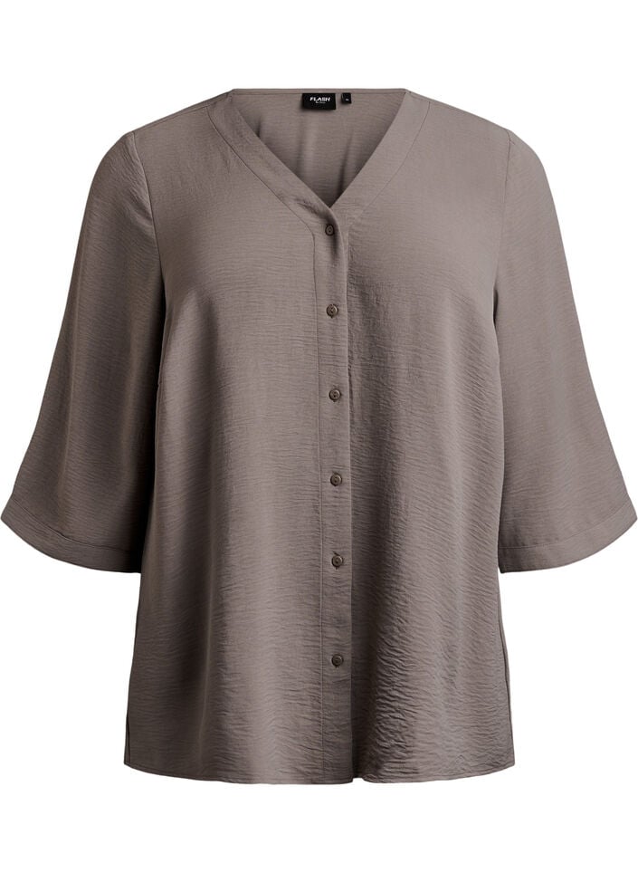 Bluse mit V-Ausschnitt und 3/4-&Auml;rmeln, Beige, Packshot image number 0
