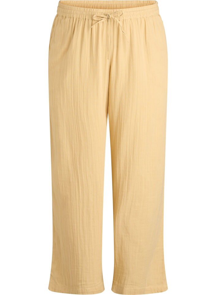Hoch taillierte Hose aus Baumwoll-Musselin mit weitem Bein, Gelb, Packshot image number 0