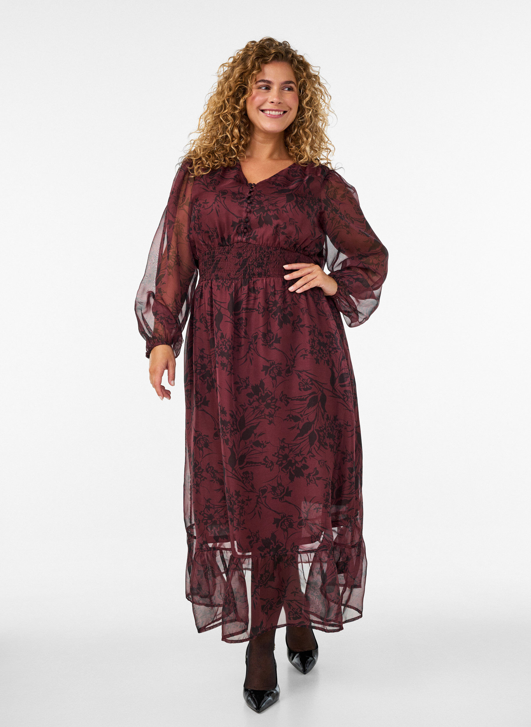 ZizziMaxikleid mit floralem Print und Smock, Dunkles Bordeaux, Model image number 0