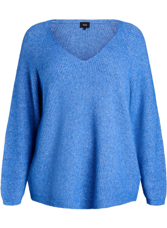 Strickbluse mit V-Ausschnitt und Raglan&auml;rmeln, Blau, Packshot image number 0